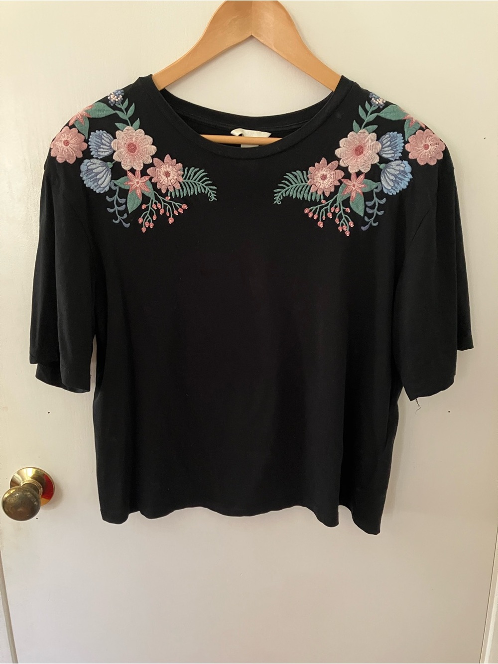 H&M Black Tee with Pink & Blue Floral Embroidery